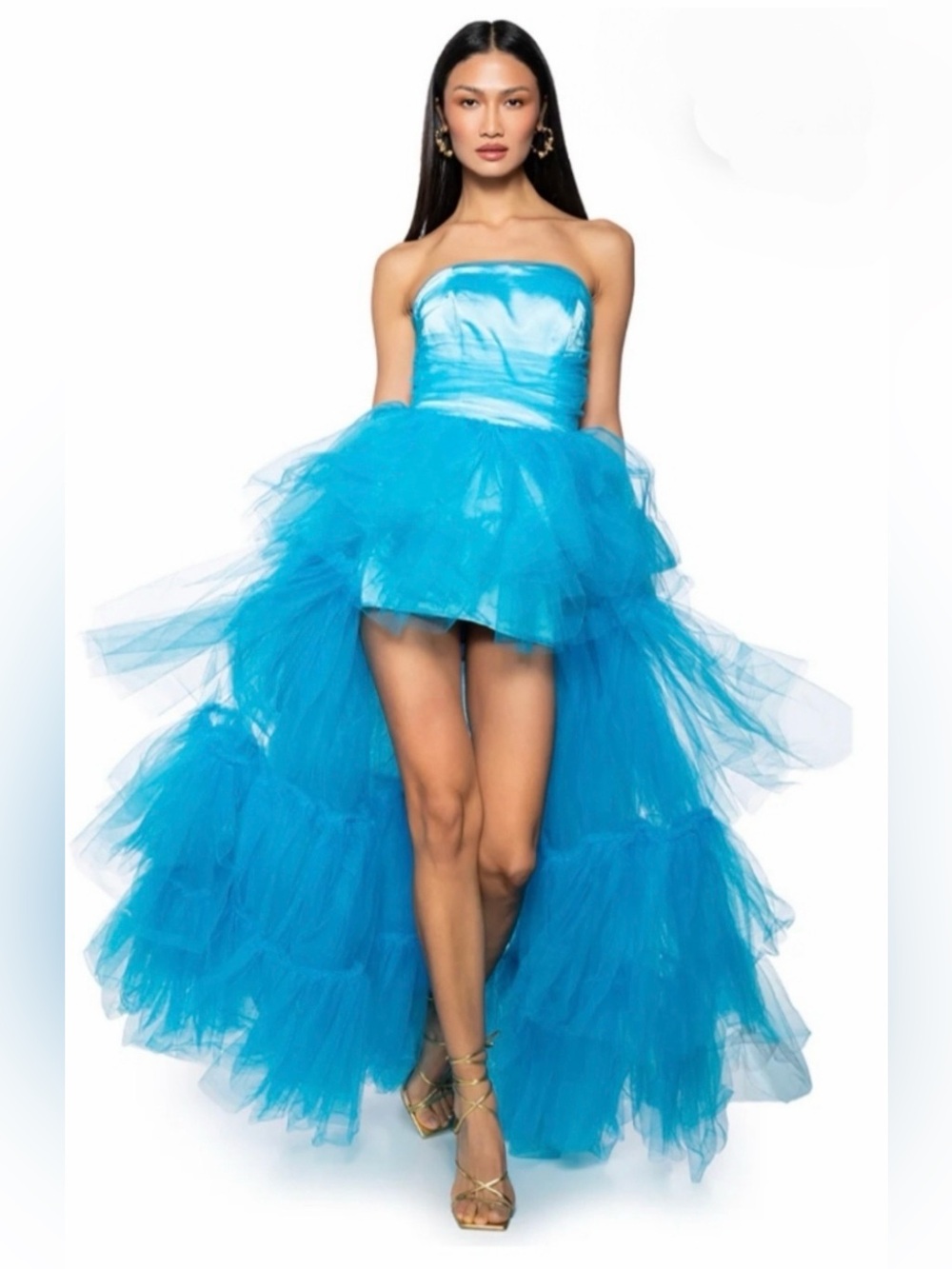 Akira NWT Sz XL Strapless Blue Tulle High-Low Ruffle prom Pageant Dress (0851)